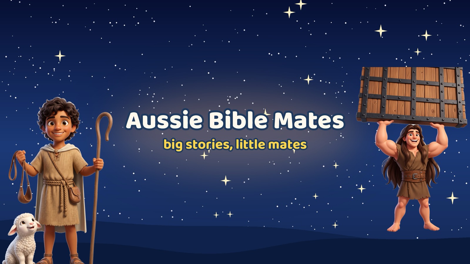 Aussie Bible Mates: big stories, little mates. David with his sheep and Samson lifting the city gates under a starry sky.